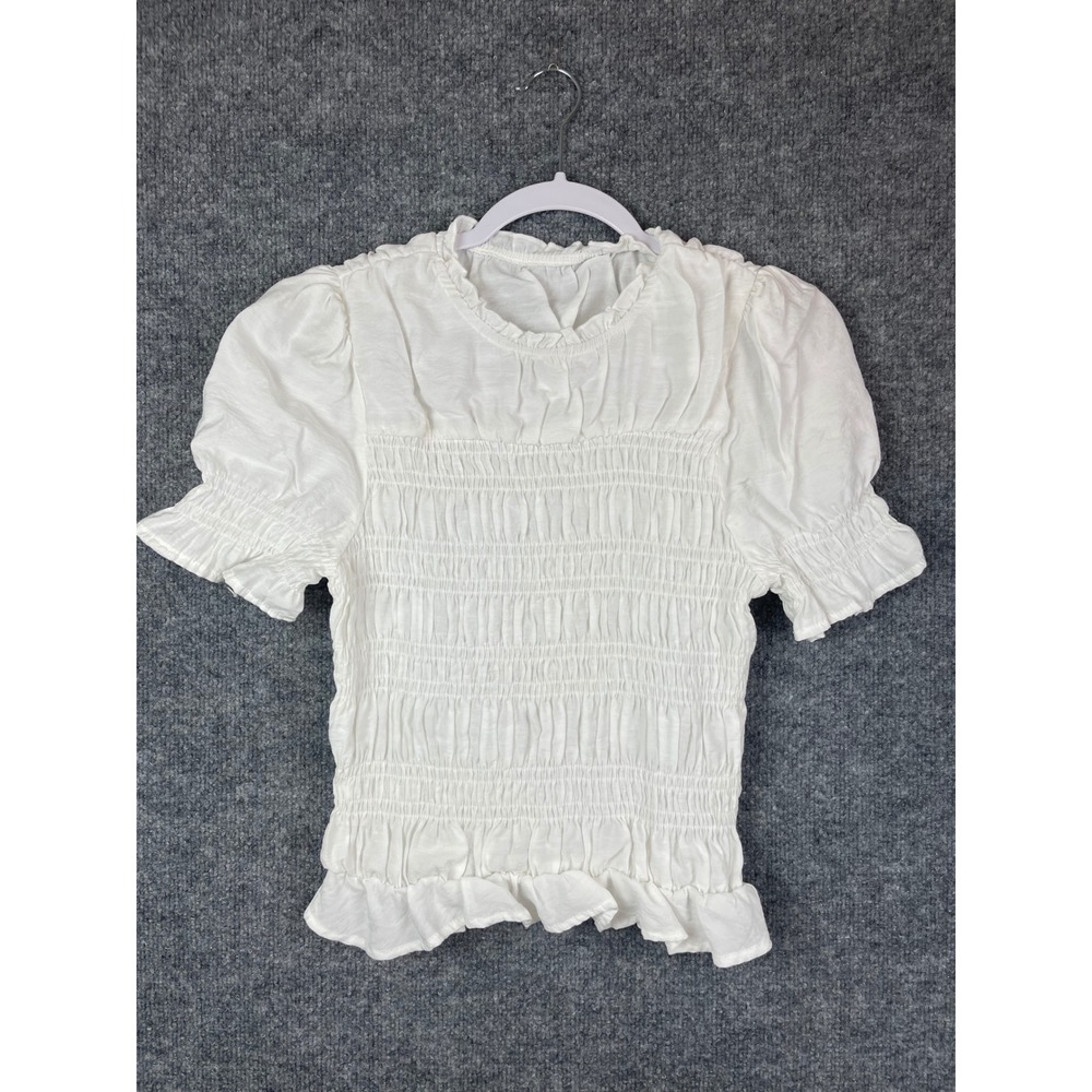 Poeselle Smocked Top Womens L White Excellent Puff Sleeve Ruffle Blouse